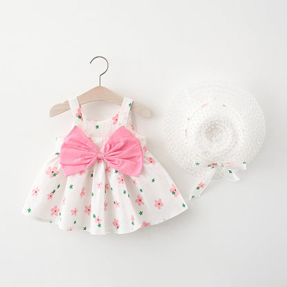Korean Style 2-Piece Girls Dress Set – Floral Bow Strap Dress with Matching Hat