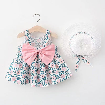 Korean Style 2-Piece Girls Dress Set – Floral Bow Strap Dress with Matching Hat