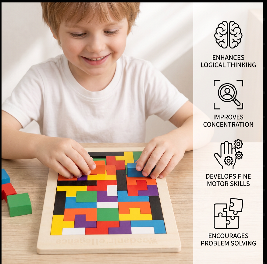 Educational Wooden Tangram Puzzle – Colourful Montessori Learning Toy for Kids