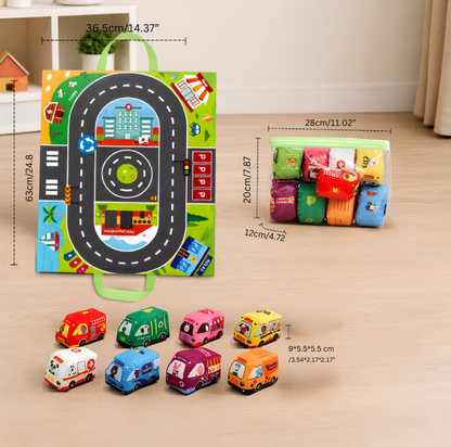 2in1 sensory plush toy cars with road mat and bag for on the go