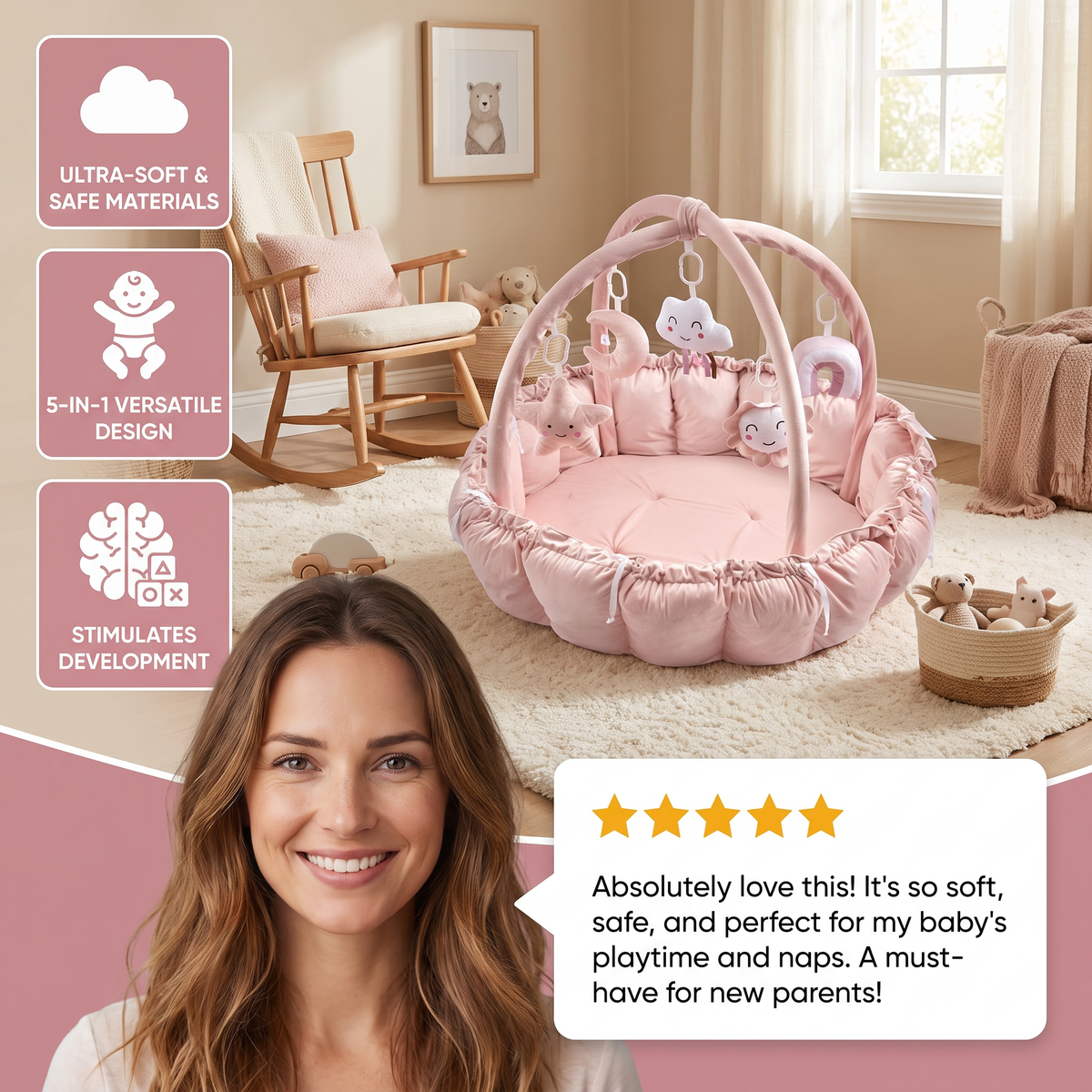 5-in-1 Plush Baby Play Gym, Activity Mat & Bed with Hanging Toys