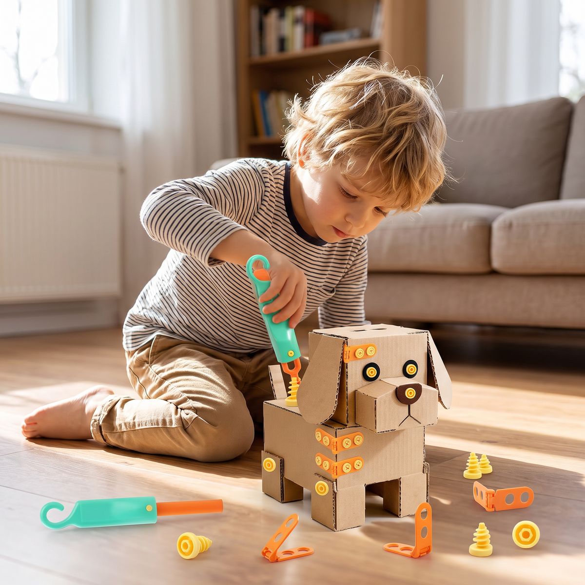 Safe 100-Piece STEM Cardboard Construction Kit with Tool Set for Kids