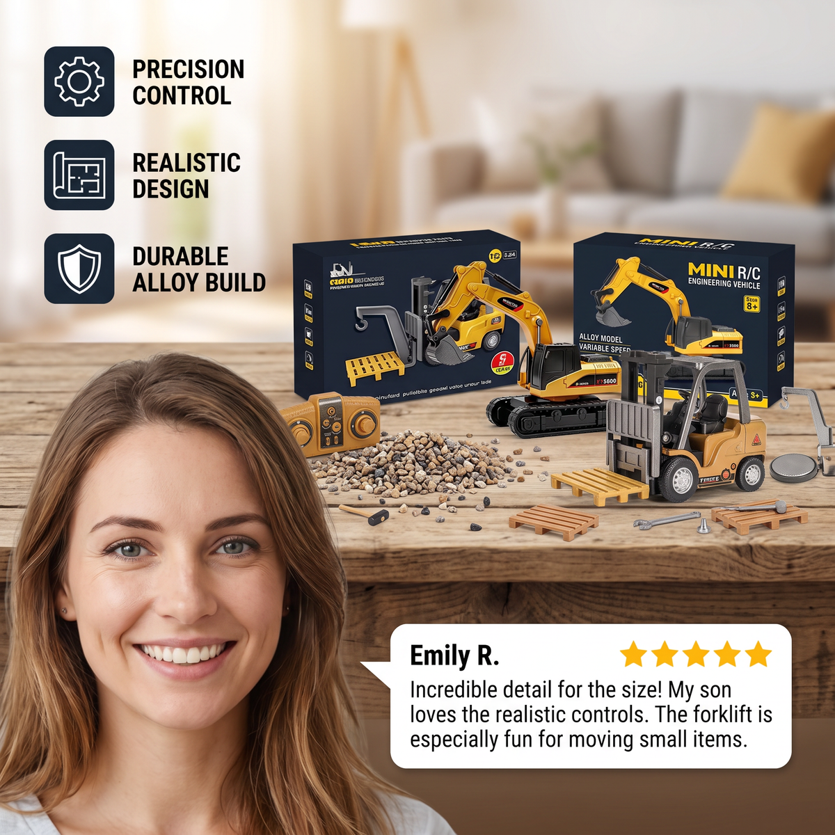 1:64 Scale RC Construction Vehicles – Forklift, Excavator, Dump Truck & Bulldozer