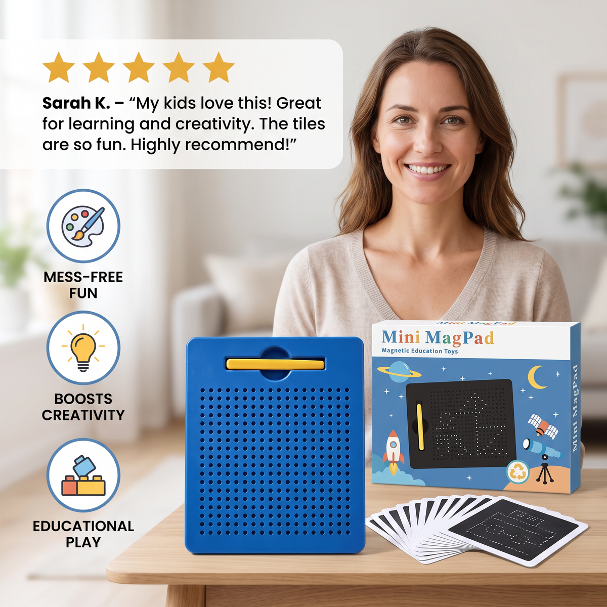2-in-1 Magnetic Writing & Drawing Board with Snap-On Shape Tiles for Kids