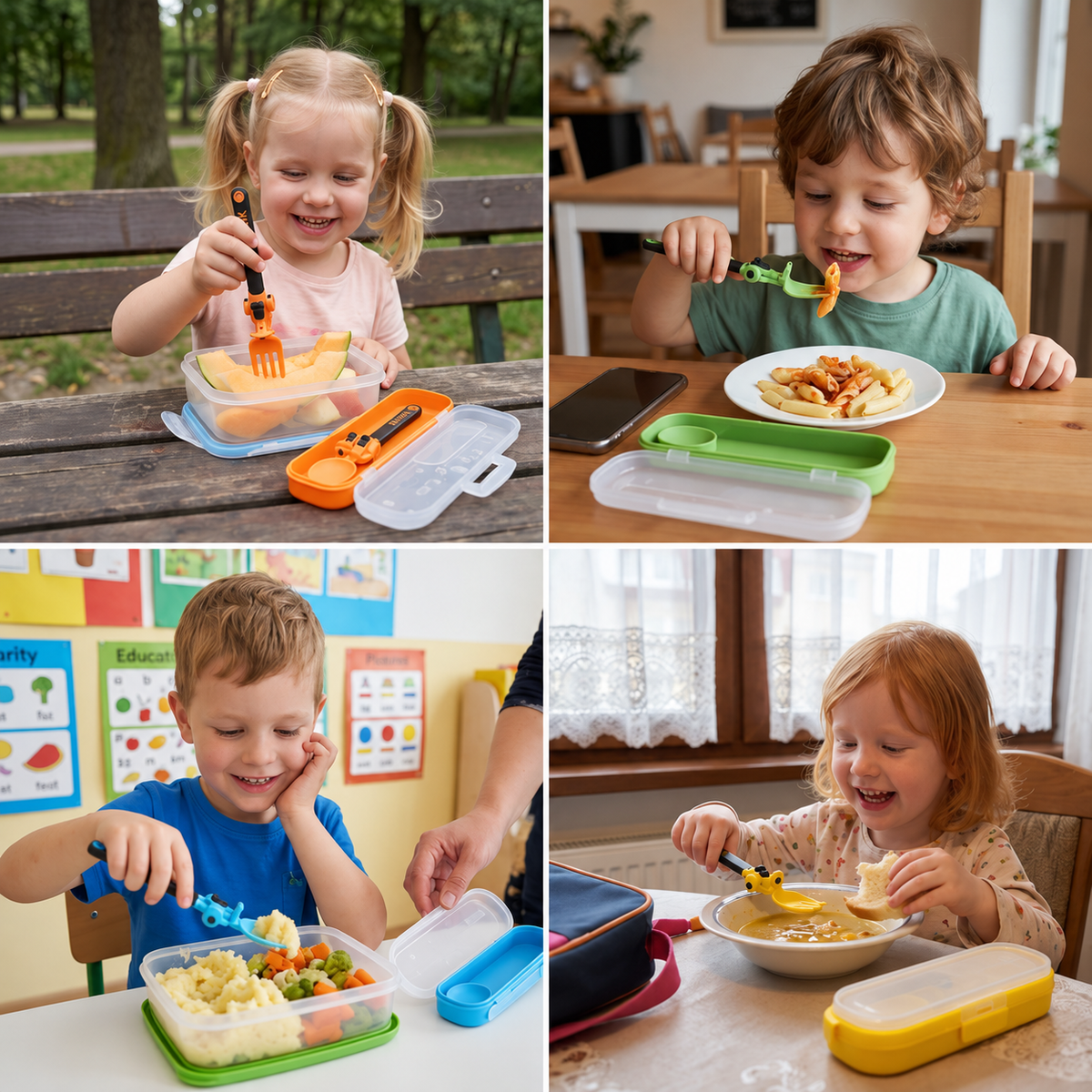 3-Piece Construction Vehicle Kids’ Utensil Set with Spoon, Fork & Travel Case