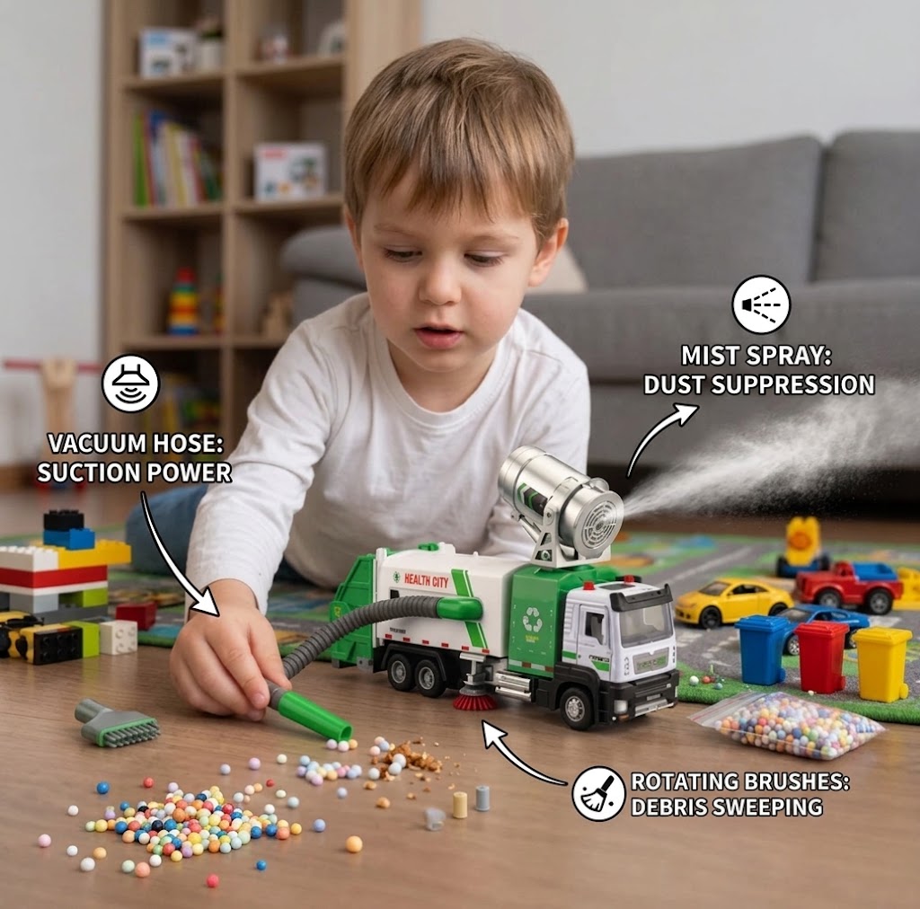 Die-Cast Street Sweeper Toy Truck with Vacuum Hose & Mist Spray