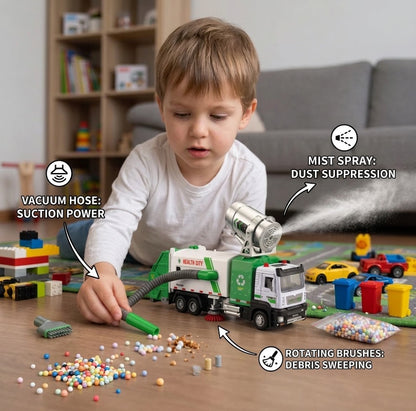 Die-Cast Street Sweeper Toy Truck with Vacuum Hose & Mist Spray