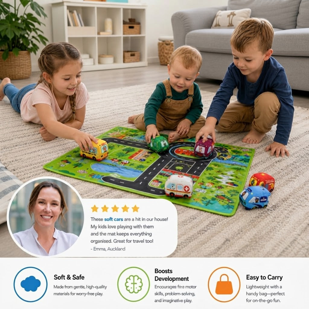 2in1 sensory plush toy cars with road mat and bag for on the go