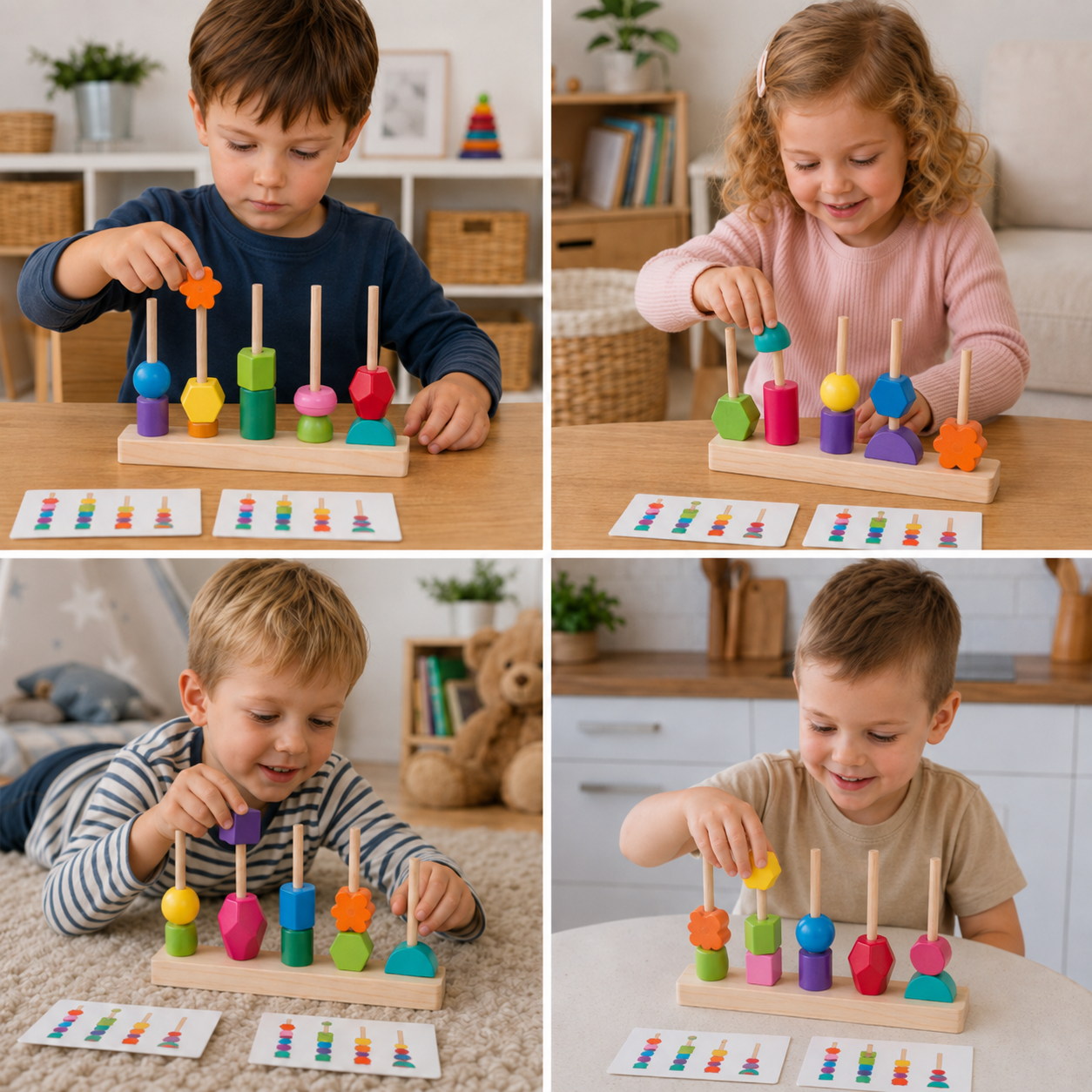Wooden Montessori colors and shapes thread toy