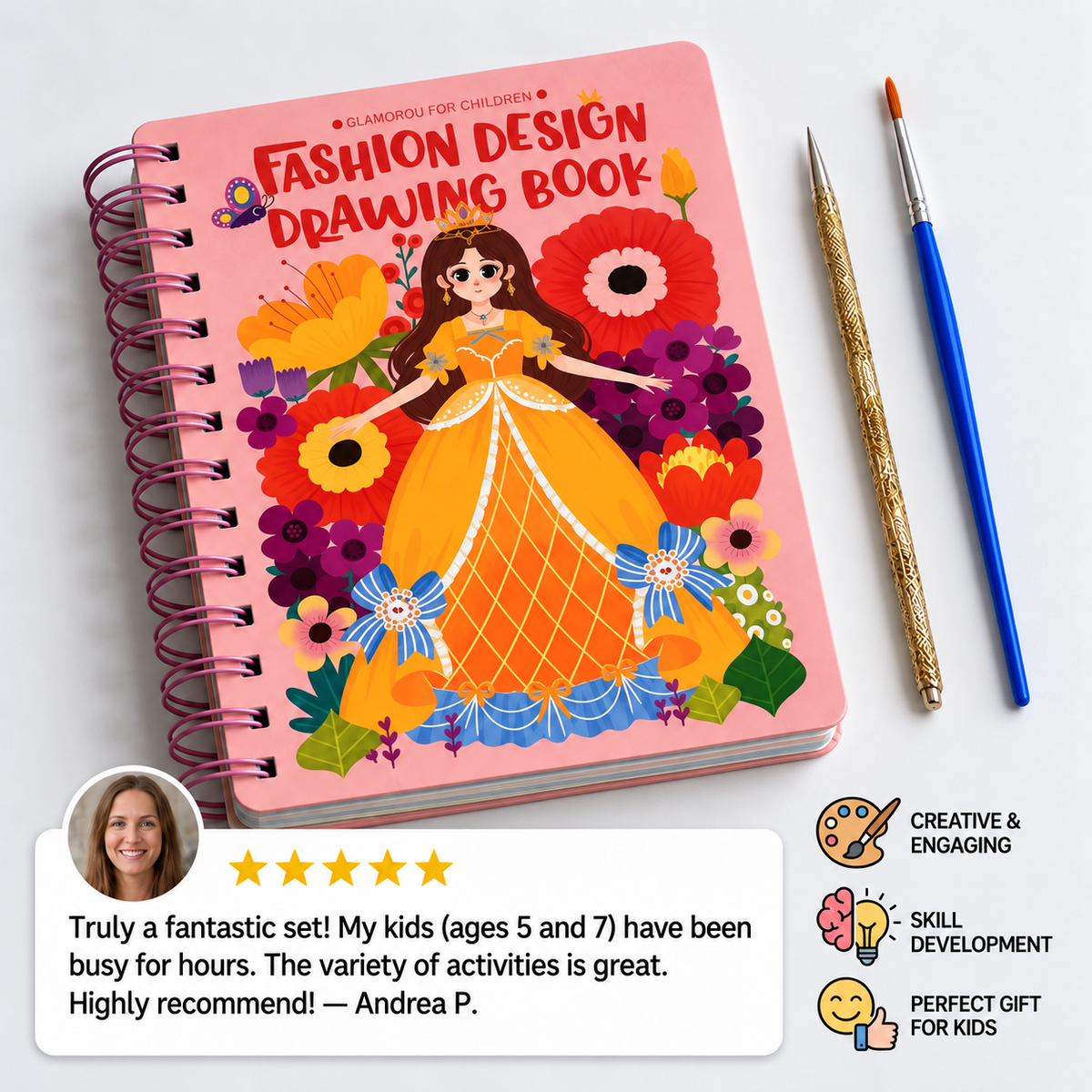 4-in-1 Fairy Princess Diamond Painting, Poke-In, Embroidery & Watercolor Art Kit for Kids