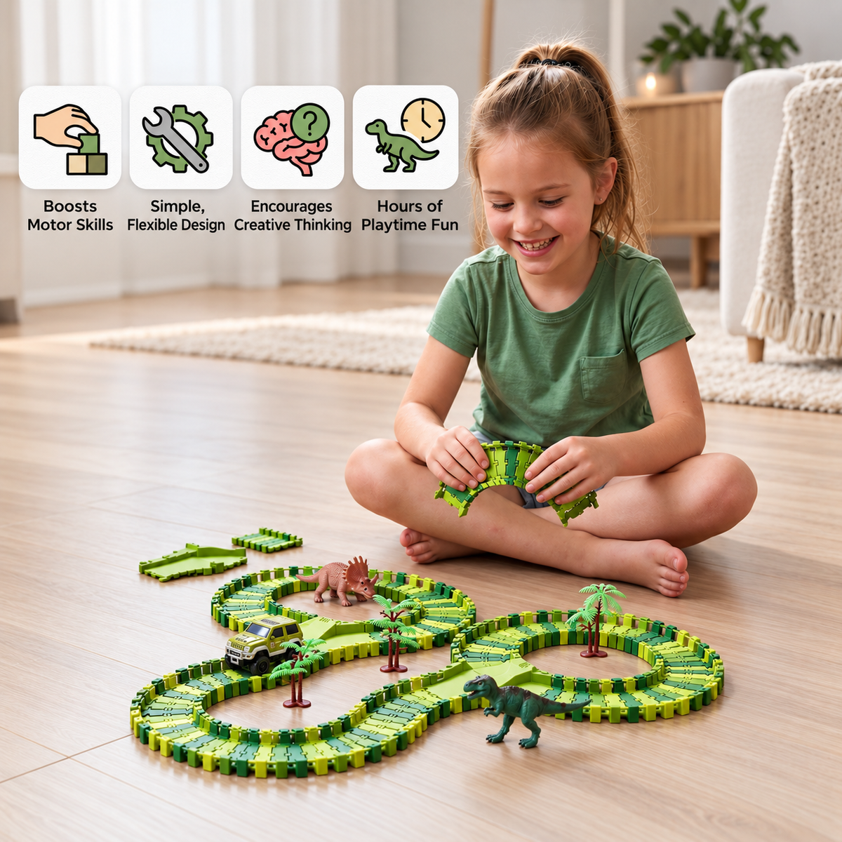 215-Piece Dinosaur Race Track Set with Motorized Cars, Bridge & Dinosaur Figures