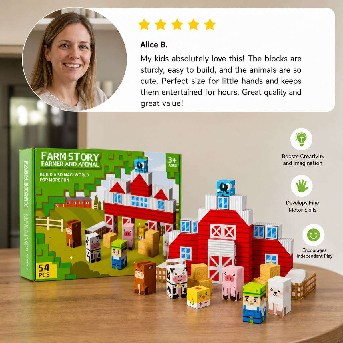 Farm Story Magnetic Building Blocks Travel Playset with Animals & Barn