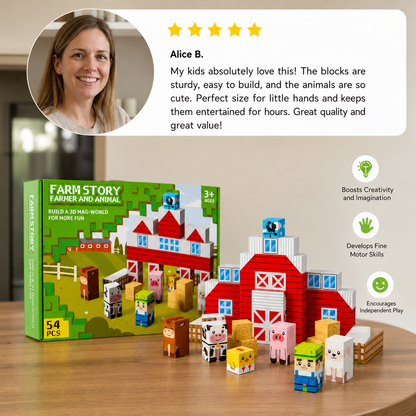 Farm Story Magnetic Building Blocks Travel Playset with Animals & Barn