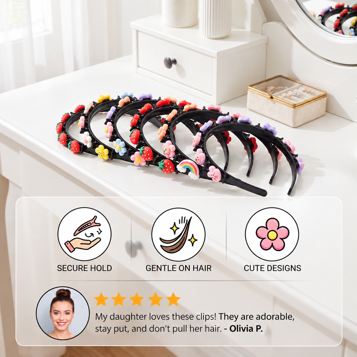 Cute Hair Clips & Bands for Girls with Flower, Strawberry & Rainbow Charms
