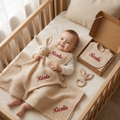 Personalised 4-Piece Newborn Gift Set – Muslin, Bunny Comforter, Teether & Bib (100% Cotton)