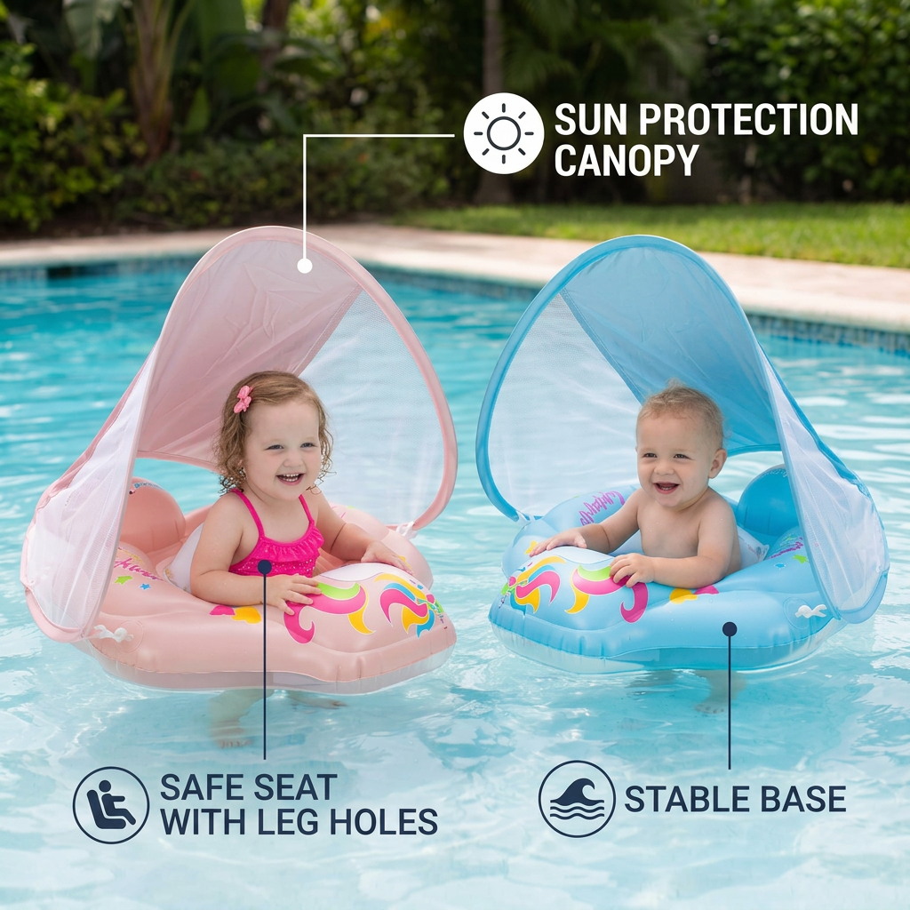 Baby Swim Float with Sun Canopy – Inflatable Infant Swimming Ring for Safe Water Fun