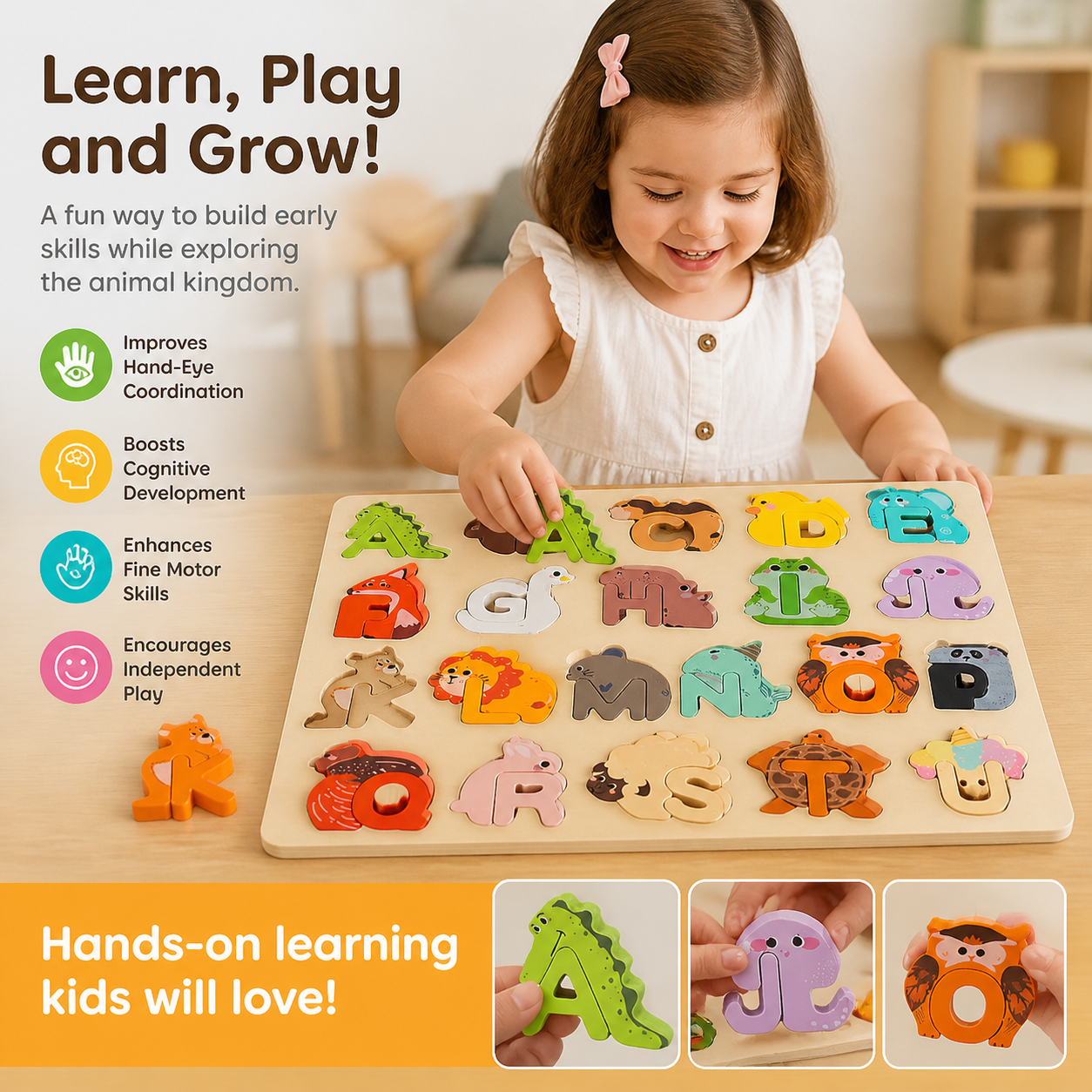 Wooden animal alphabet puzzle - A to Z learning toy for kids