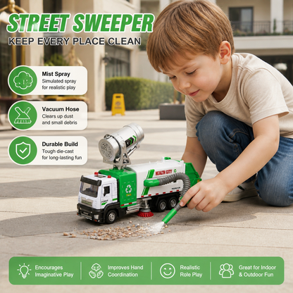 Die-Cast Street Sweeper Toy Truck with Vacuum Hose & Mist Spray
