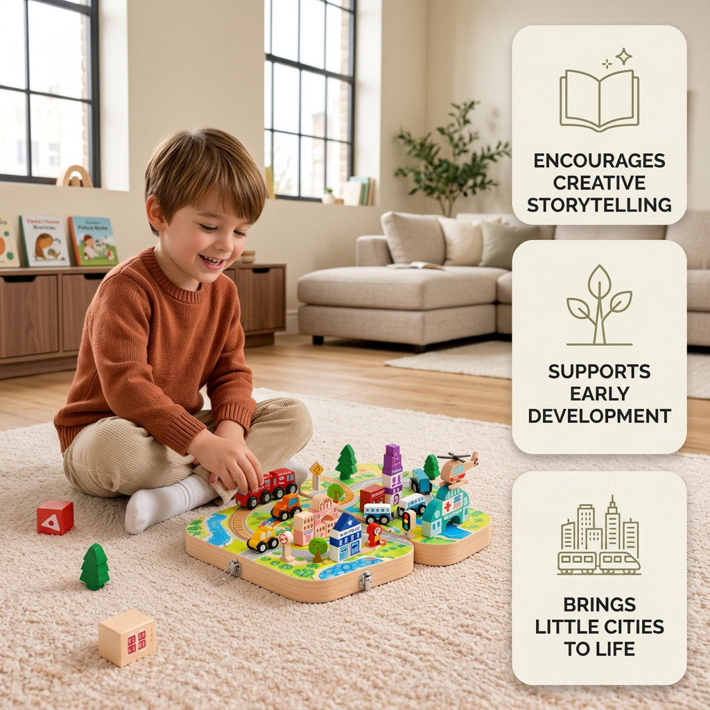 Wooden City Building Blocks & Train Track Travel Set