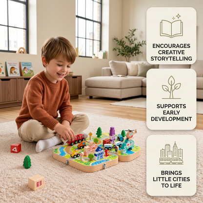 Wooden City Building Blocks & Train Track Travel Set