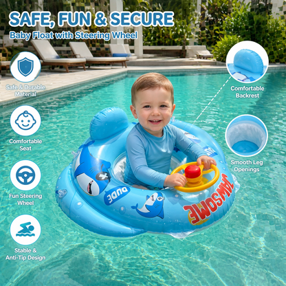 Inflatable baby swim ring with seat and steering wheel in a shark design