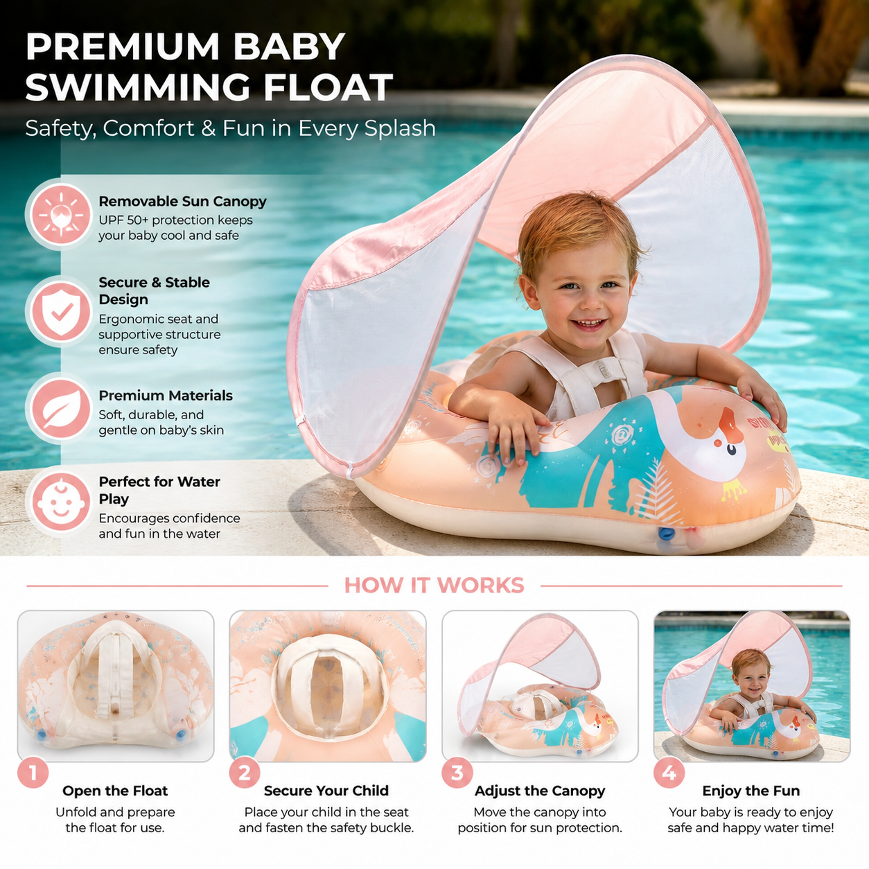 Swan Baby Swim Ring with Sun Canopy – Inflatable Safety Float Seat for Babies
