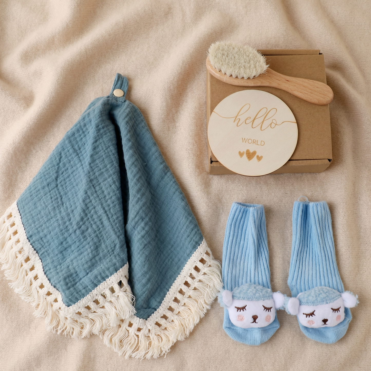 Baby Care Gift Box – Towel, Socks or Headband & Bath Brush for Newborns