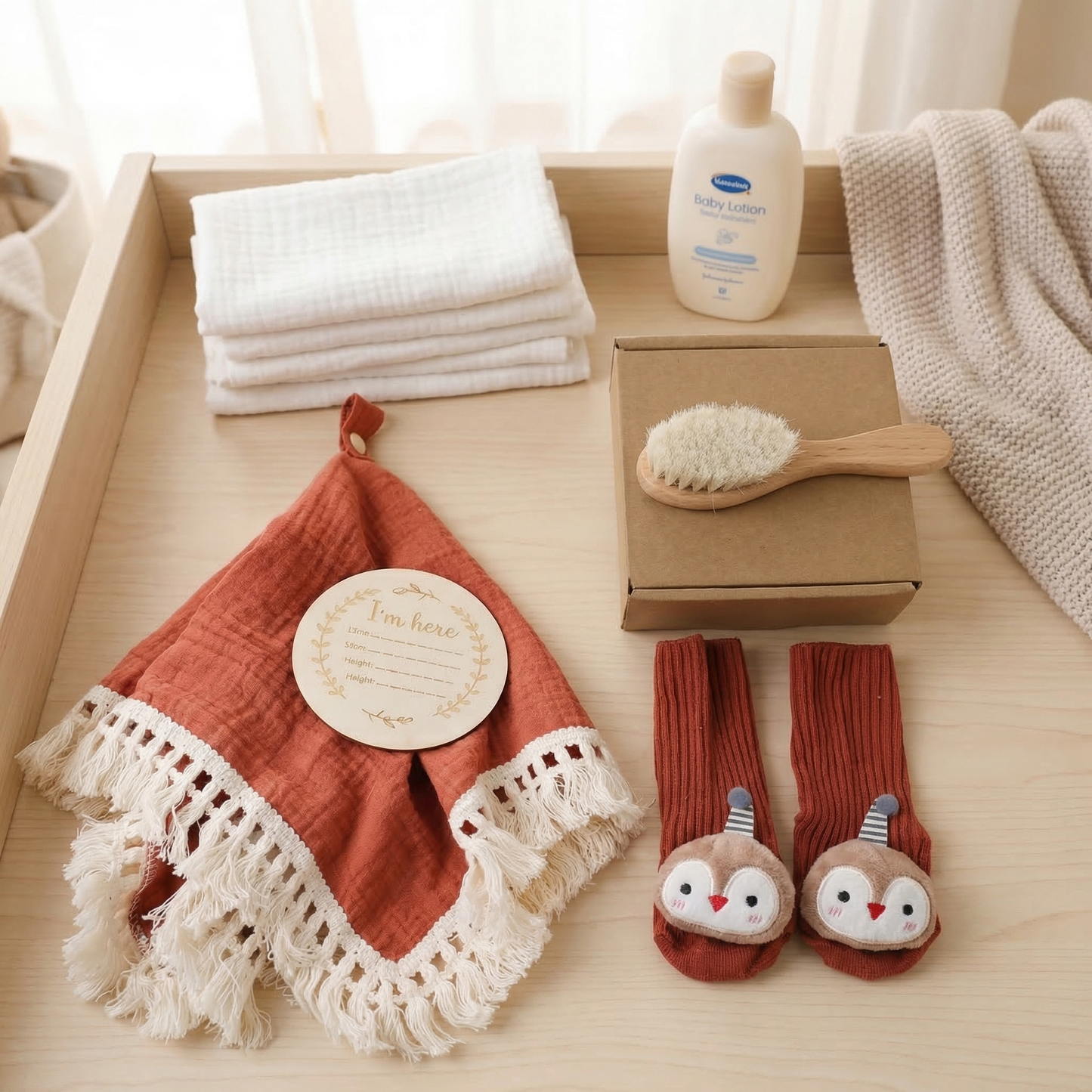 Baby Care Gift Box – Towel, Socks or Headband & Bath Brush for Newborns