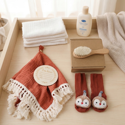 Baby Care Gift Box – Towel, Socks or Headband & Bath Brush for Newborns
