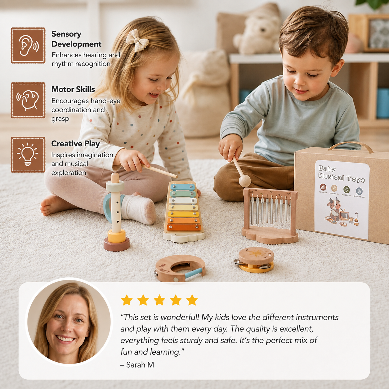 6-Piece Wooden Baby Musical Instrument Set – Sensory Sound & Music Toy
