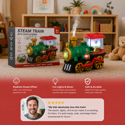Cute Steam Train Toy with Lights, Music & Realistic Steam Effect
