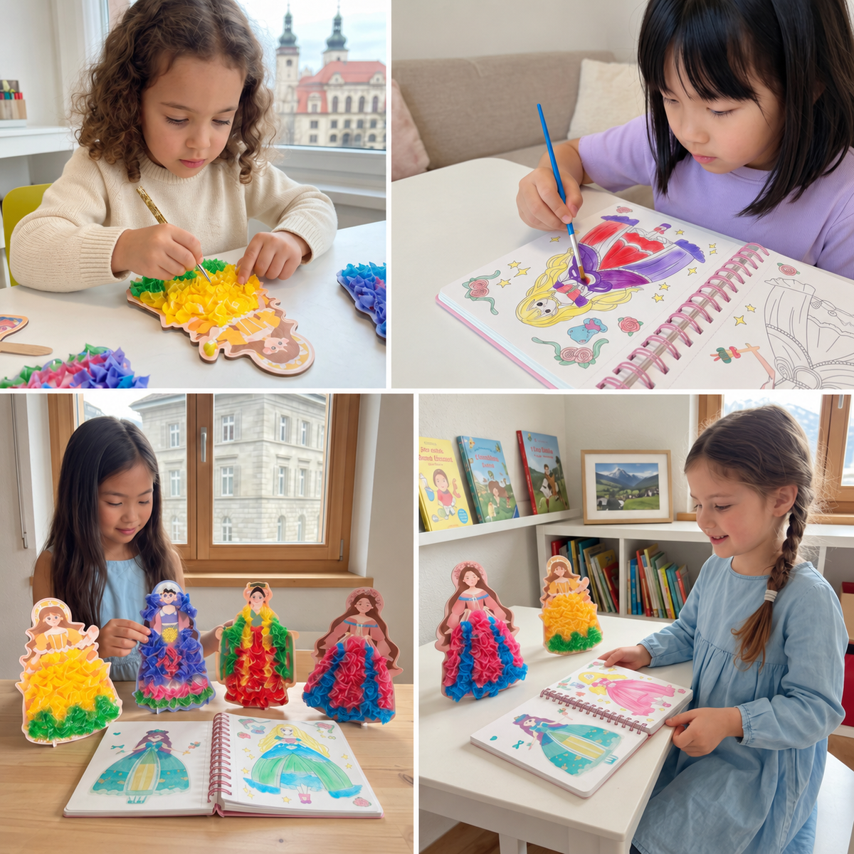 4-in-1 Fairy Princess Diamond Painting, Poke-In, Embroidery & Watercolor Art Kit for Kids