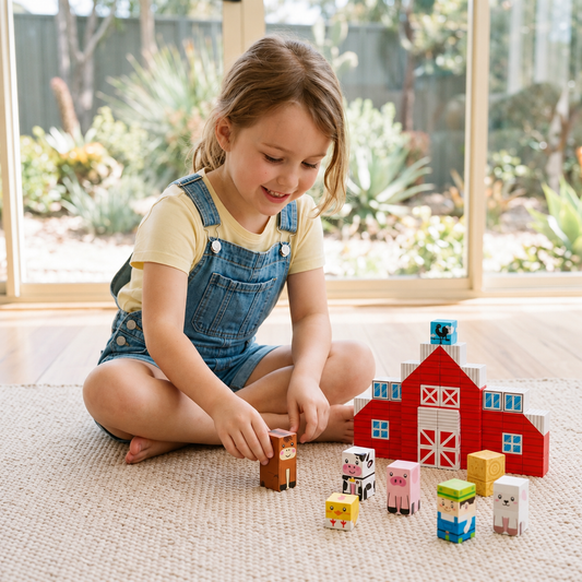 Farm Story Magnetic Building Blocks Travel Playset with Animals & Barn