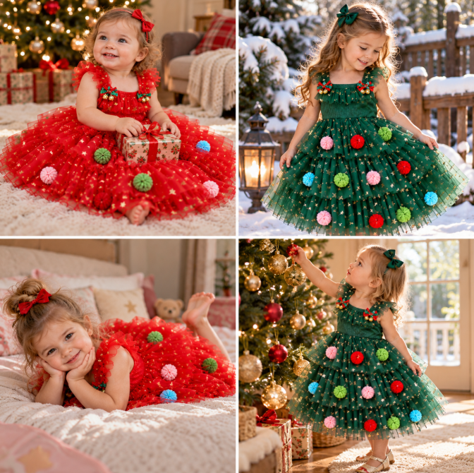 Girls’ Christmas Tutu Dress with Pom-Poms, Sequin Stars & Ruffled Sleeves