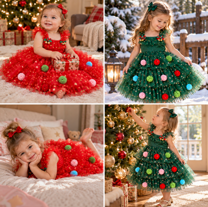 Girls’ Christmas Tutu Dress with Pom-Poms, Sequin Stars & Ruffled Sleeves