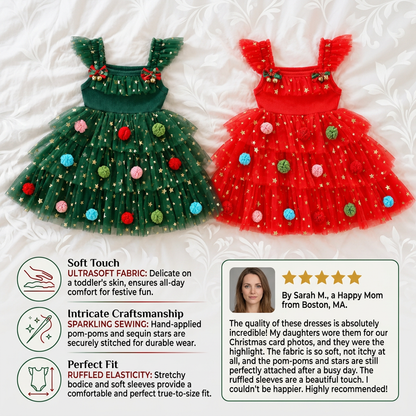 Girls’ Christmas Tutu Dress with Pom-Poms, Sequin Stars & Ruffled Sleeves