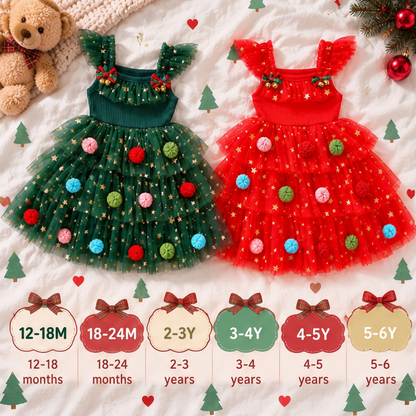 Girls’ Christmas Tutu Dress with Pom-Poms, Sequin Stars & Ruffled Sleeves