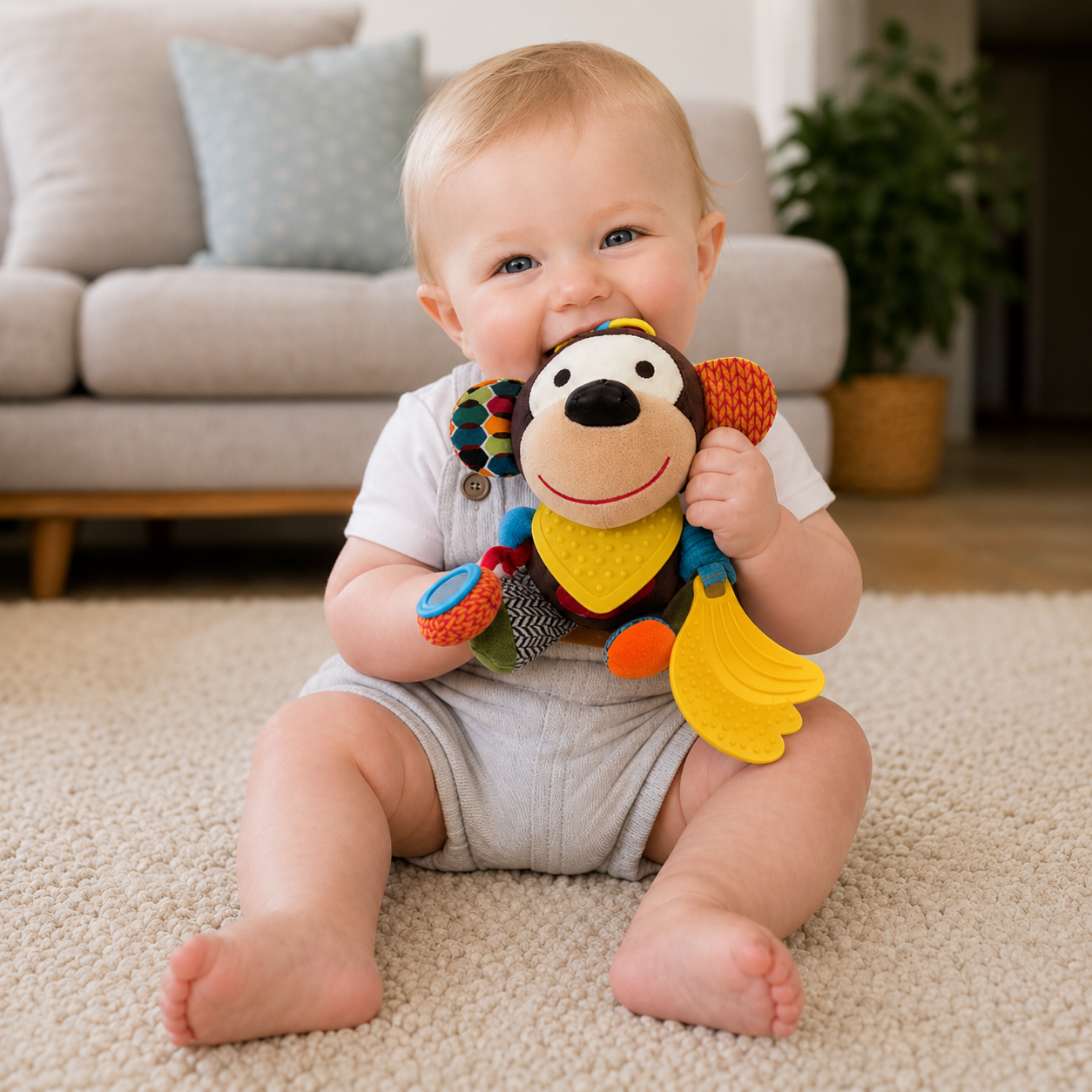 Sensory baby plush toy with rattle and silicone attachment for teething