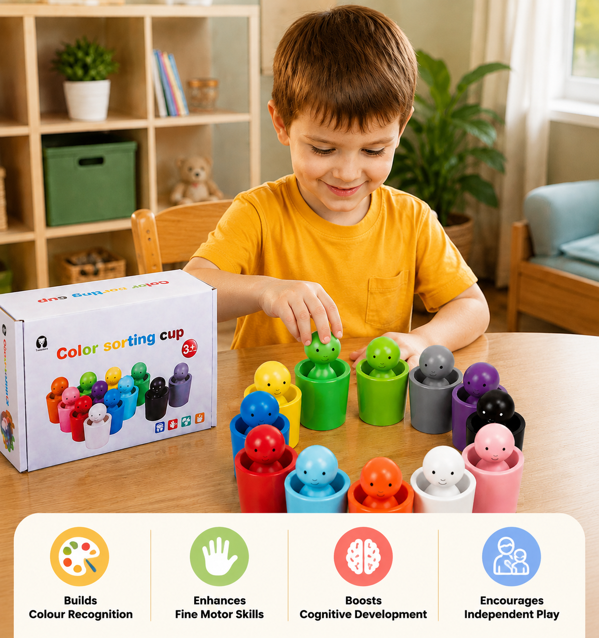 Montessori Wooden Colour Sorting Cup Game
