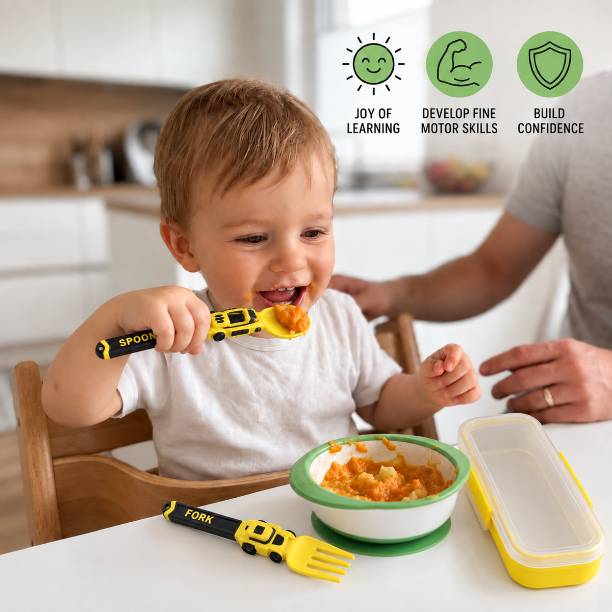 3-Piece Construction Vehicle Kids’ Utensil Set with Spoon, Fork & Travel Case