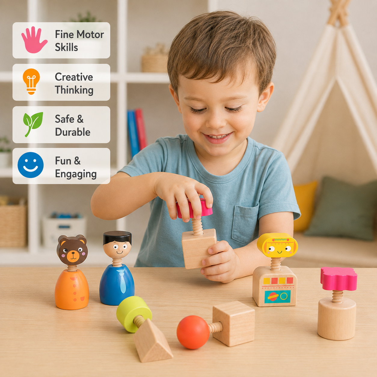 Montessori Screw Figures Game Made of Wood
