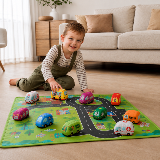 2in1 sensory plush toy cars with road mat and bag for on the go