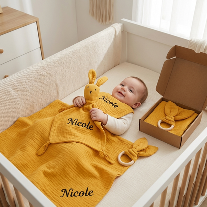 Personalised 4-Piece Newborn Gift Set – Muslin, Bunny Comforter, Teether & Bib (100% Cotton)