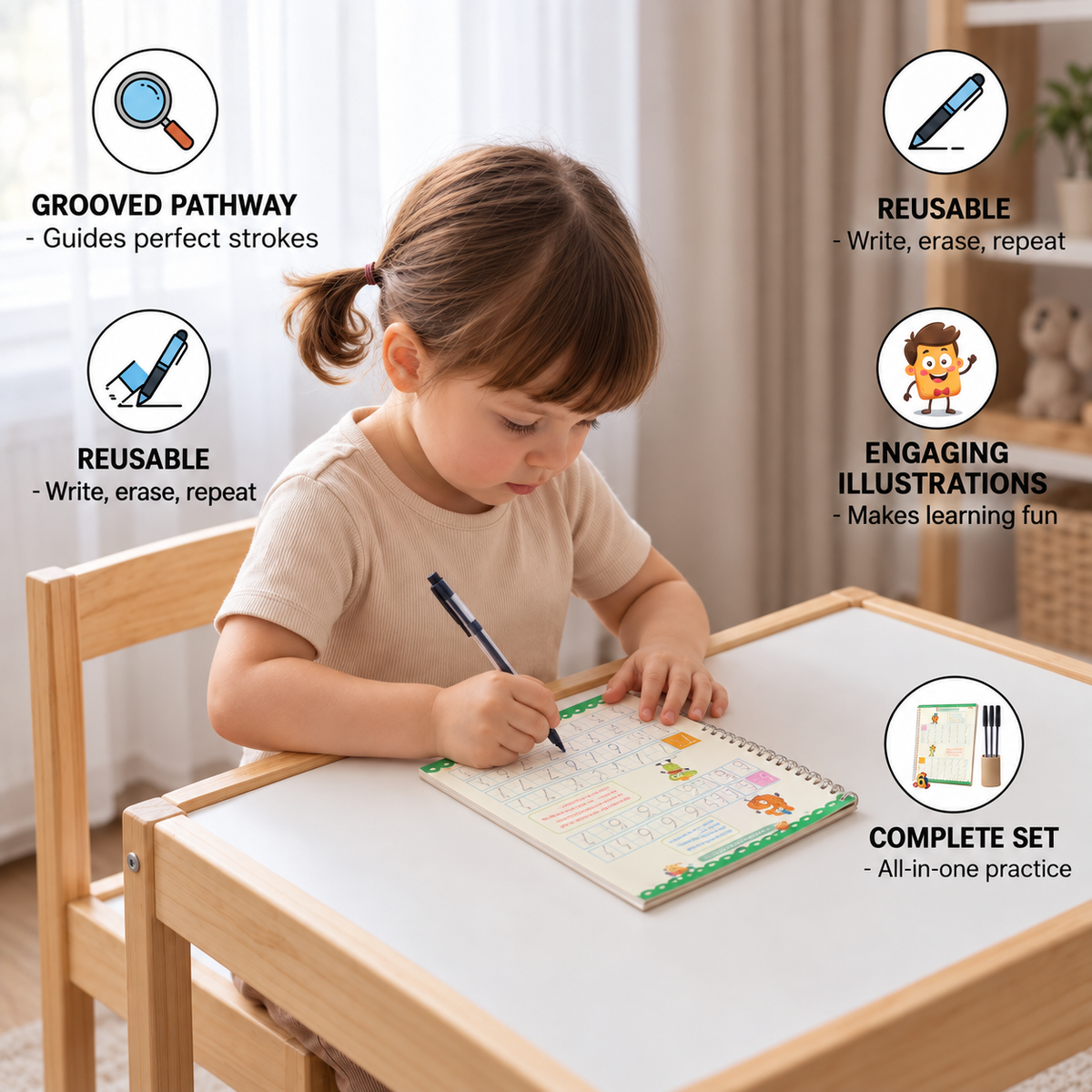 Reusable Grooved Handwriting Practice Books for Kids – 6-Piece Tracing & Writing Set