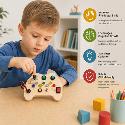 Wooden LED Busy Board Controller – Montessori Sensory Learning Toy for Motor Skills