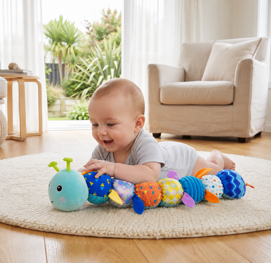 Sensory plush rattle and music caterpillar