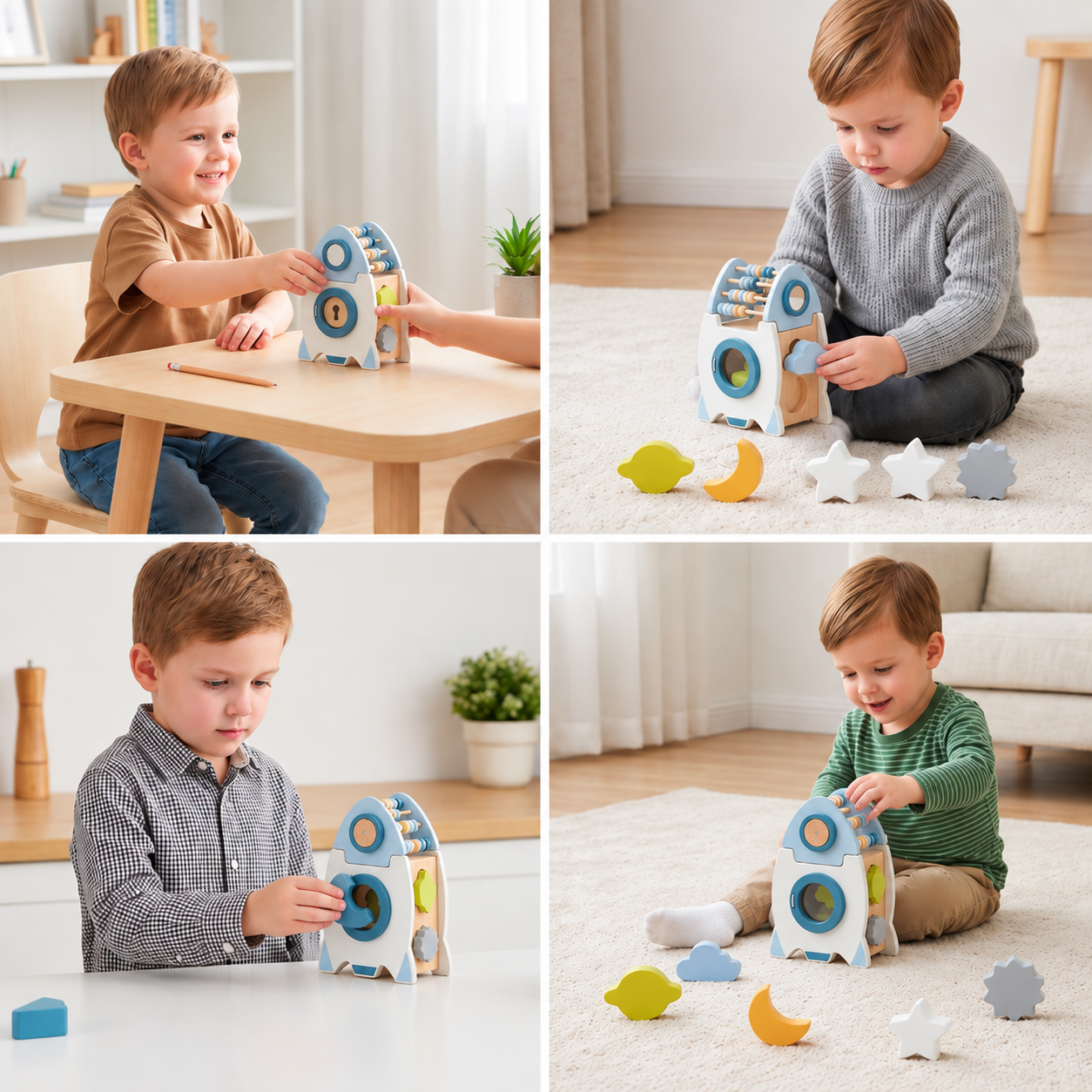 Handmade Montessori Wooden Rocket with Various Shapes and Colors
