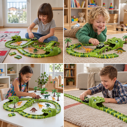 215-Piece Dinosaur Race Track Set with Motorized Cars, Bridge & Dinosaur Figures