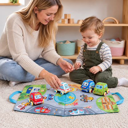 Soft Plush Pull-Back Car Set with 2-in-1 Play Mat & Storage Bag
