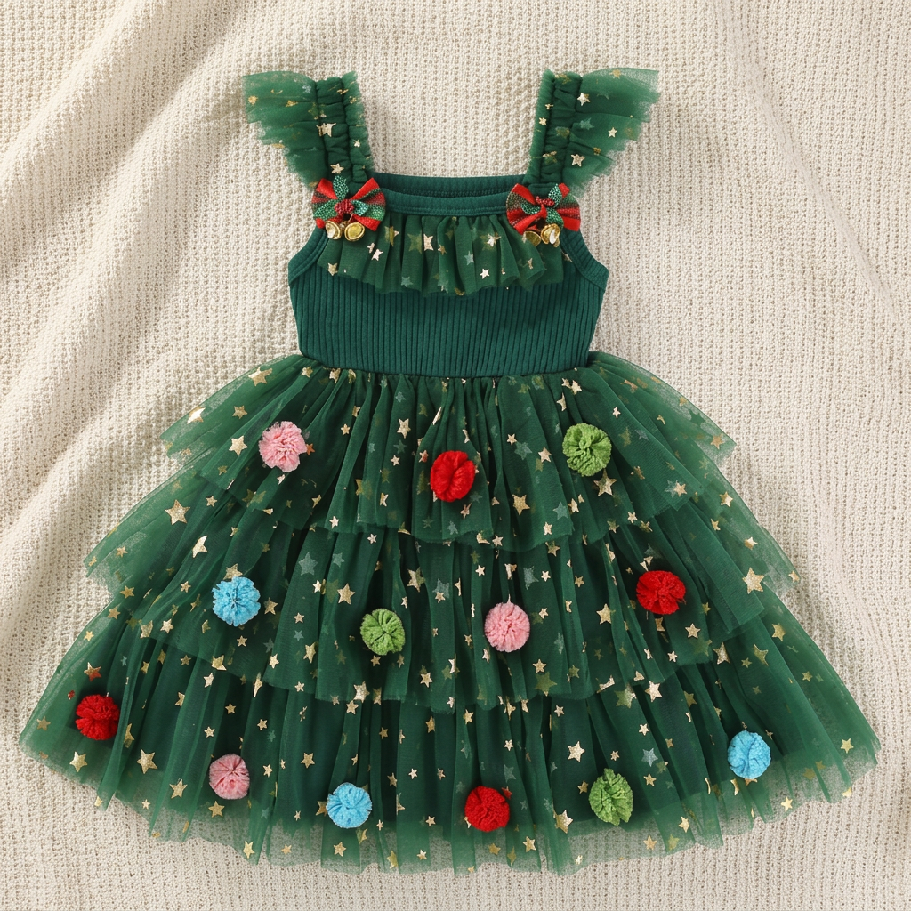 Girls’ Christmas Tutu Dress with Pom-Poms, Sequin Stars & Ruffled Sleeves